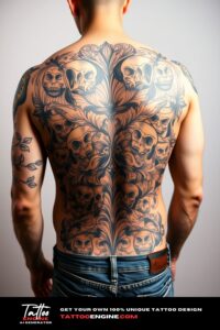 Bold tattoo, filling all back of a man, back view, wearing jeans, studio light, high quality, detailed