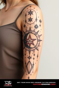 Celestial star moon tattoo, covering the sleeve of a woman, front view, high quality, detailed