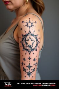 Celestial star moon tattoo, covering the sleeve of a woman, front view, high quality, detailed