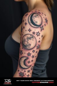 Celestial stars moons tattoo, covering the sleeve of a woman, front view, high quality, detailed