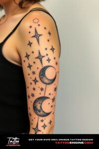 Celestial stars moons tattoo, covering the sleeve of a woman, front view, high quality, detailed