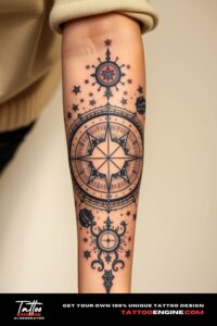 Celestial tattoo, covering the forearm of a woman, front view, high quality, detailed