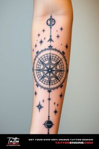 Celestial tattoo, covering the forearm of a woman, front view, high quality, detailed