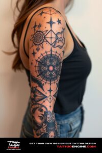 Celestial tattoo, covering the sleeve of a woman, front view, high quality, detailed