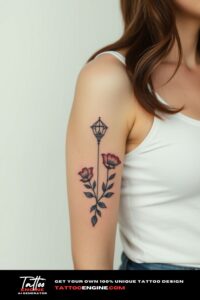 Cute half sleeve tattoo, on arm of a woman, wearing tank top, front view, high quality, detailed