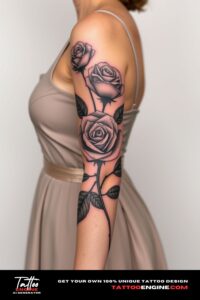 Detailed rose sleeve tattoo, sleeve of a woman with a dress, front view, high quality, detailed