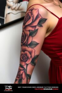 Detailed rose sleeve tattoo, sleeve of a woman with a red dress, front view, high quality, detailed