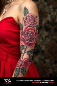 Detailed rose sleeve tattoo, sleeve of a woman with a red dress, front view, high quality, detailed