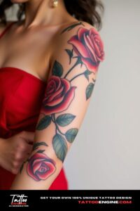 Detailed rose sleeve tattoo, sleeve of a woman with a red dress, front view, high quality, detailed