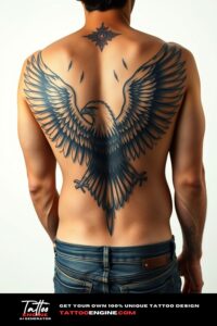 Eagle tattoo, filling all back of a man, back view, wearing jeans, studio light, high quality, detailed