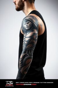 Fantasy full sleeve tattoo, full sleeve of a man, wearing black tank top, side view, high quality, detailed