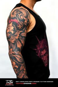 Fantasy full sleeve tattoo, full sleeve of a man, wearing black tank top, side view, high quality, detailed