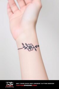 Floral bracelet tattoo, wrist of a woman, flower, front view, high quality, detailed