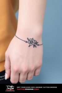 Floral bracelet tattoo, wrist of a woman, flower, front view, high quality, detailed