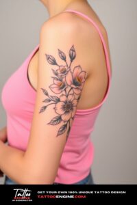 Floral half sleeve tattoo, half sleeve of a woman, wearing tank top, side view, high quality, detailed