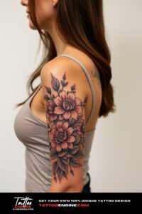 Floral half sleeve tattoo, half sleeve of a woman, wearing tank top, side view, high quality, detailed