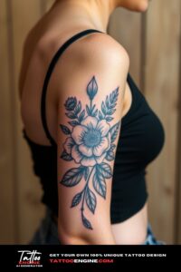 Floral half sleeve tattoo, half sleeve of a woman, wearing tank top, side view, high quality, detailed