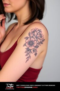 Floral half sleeve tattoo, half sleeve of a woman, wearing tank top, side view, high quality, detailed