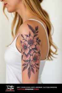 Floral half sleeve tattoo, half sleeve of a woman, wearing tank top, side view, high quality, detailed