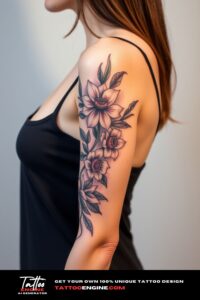 Floral half sleeve tattoo, half sleeve of a woman, wearing tank top, side view, high quality, detailed