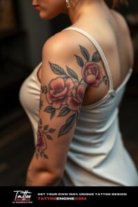 Floral half sleeve tattoo, half sleeve of a woman, wearing tank top, side view, high quality, detailed