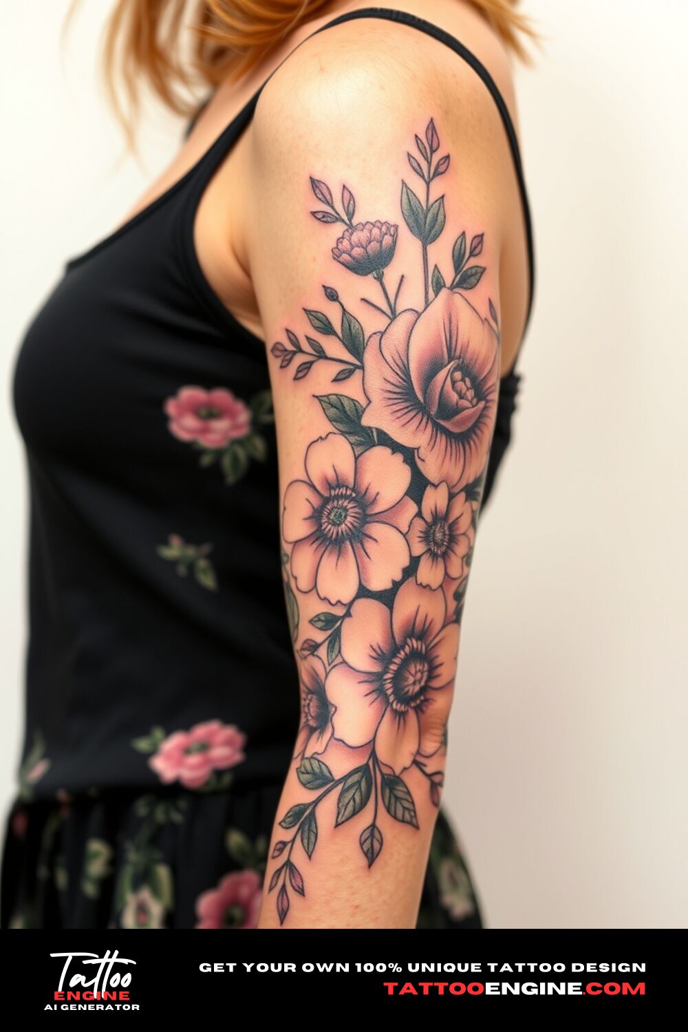 Floral half sleeve tattoo, on forearm of a woman, side view, covers from the elbow to the wrist, high quality, detailed