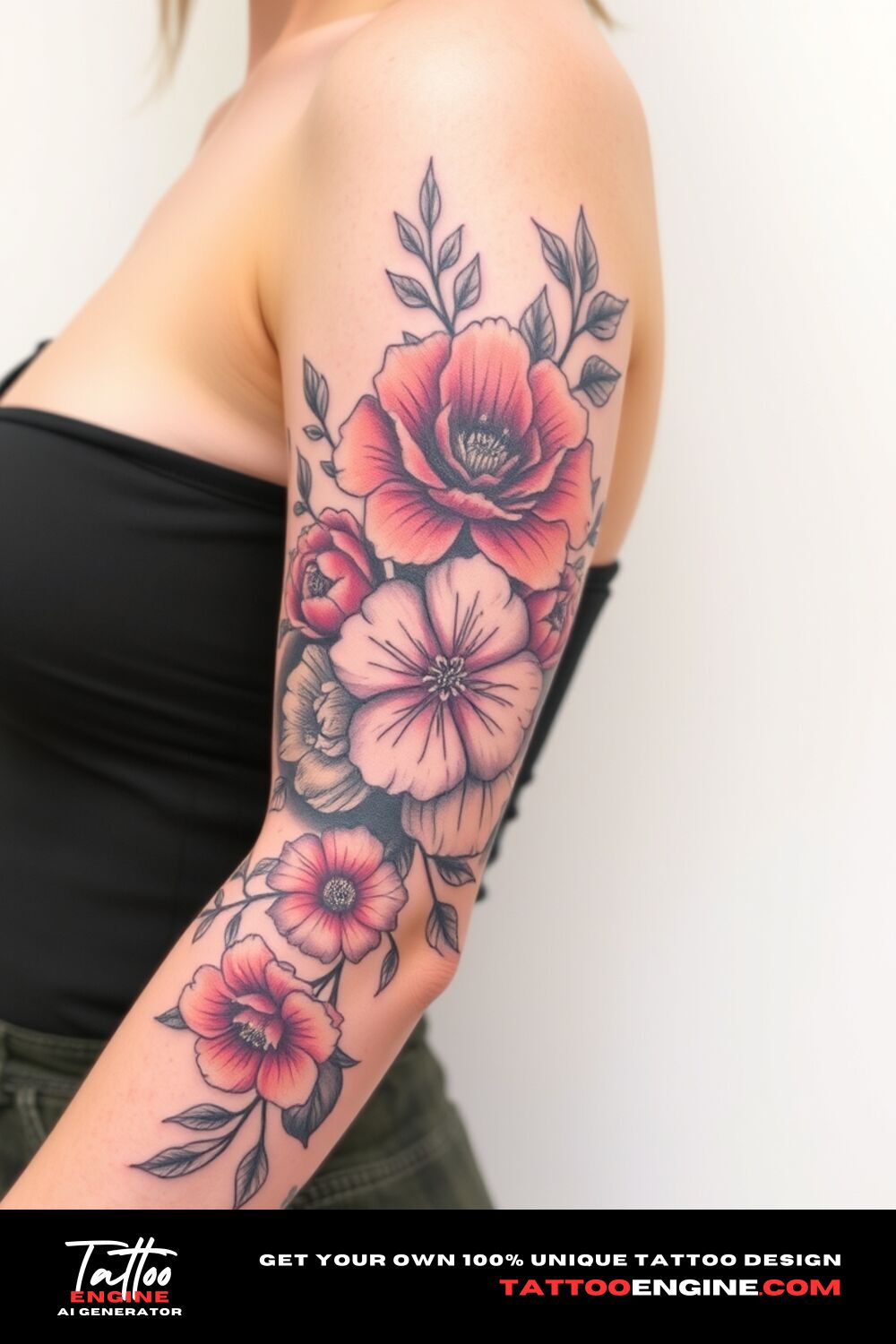 Floral half sleeve tattoo, on forearm of a woman, side view, covers from the elbow to the wrist, high quality, detailed