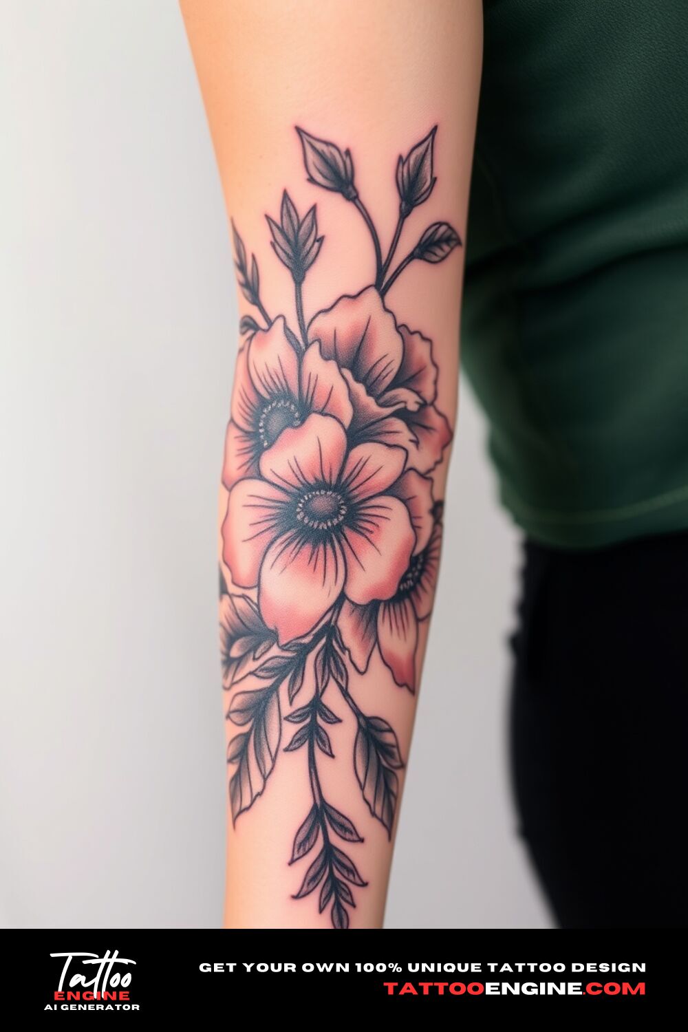 Floral half sleeve tattoo, on forearm of a woman, side view, covers from the elbow to the wrist, high quality, detailed