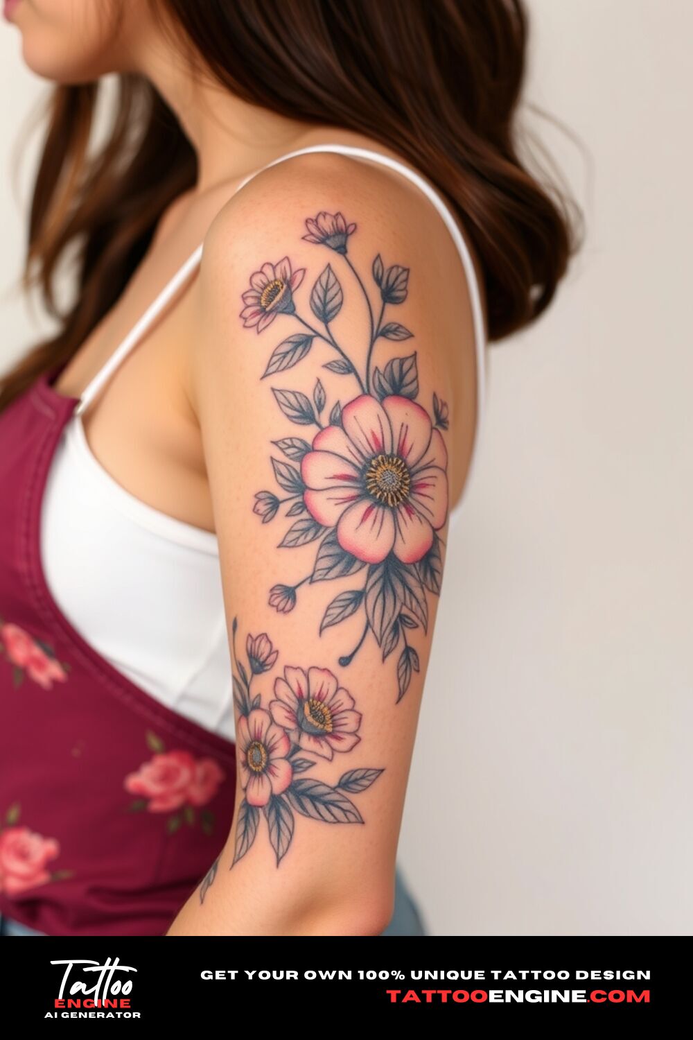 Floral half sleeve tattoo, on forearm of a woman, side view, covers from the elbow to the wrist, high quality, detailed