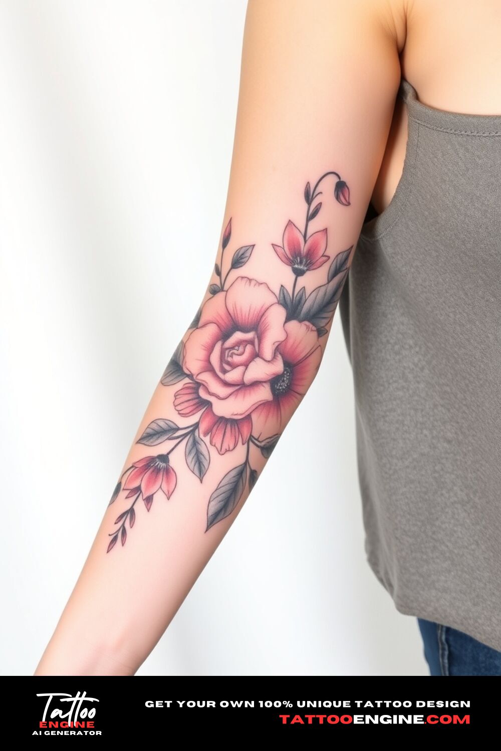 Floral half sleeve tattoo, on forearm of a woman, side view, covers from the elbow to the wrist, high quality, detailed