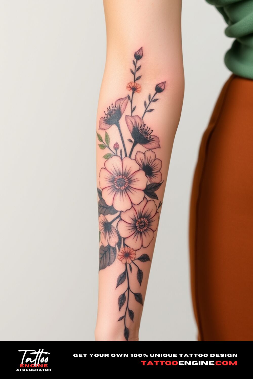 Floral half sleeve tattoo, on forearm of a woman, side view, covers from the elbow to the wrist, high quality, detailed