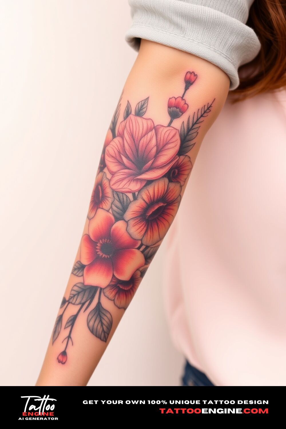 Floral lower half sleeve tattoo, on forearm of a woman, front view, covers from the elbow to the wrist, high quality, detailed