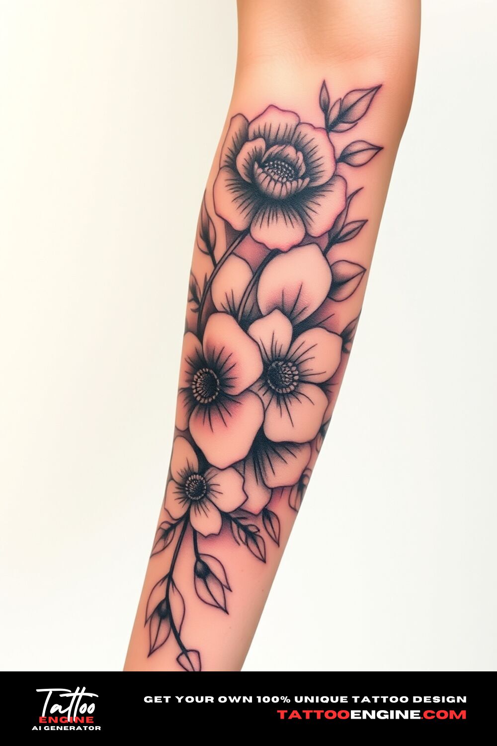 Floral lower half sleeve tattoo, on forearm of a woman, front view, covers from the elbow to the wrist, high quality, detailed