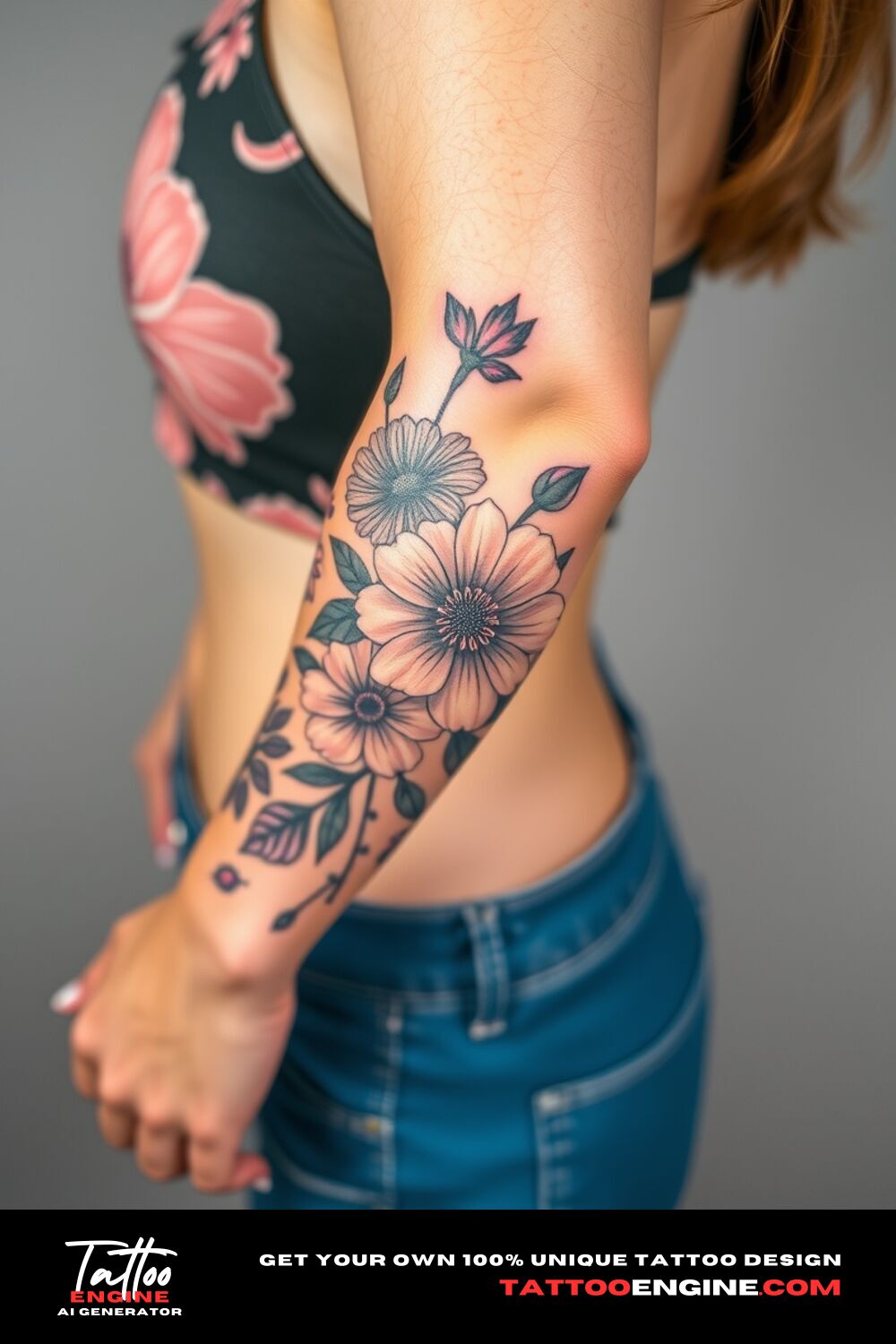 Floral lower half sleeve tattoo, on forearm of a woman, front view, covers from the elbow to the wrist, high quality, detailed