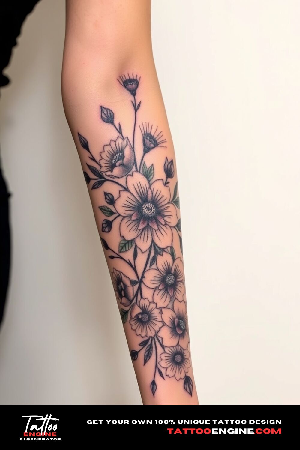 Floral lower half sleeve tattoo, on forearm of a woman, front view, covers from the elbow to the wrist, high quality, detailed