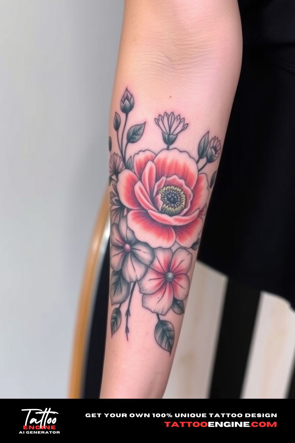 Floral lower half sleeve tattoo, on forearm of a woman, front view, covers from the elbow to the wrist, high quality, detailed