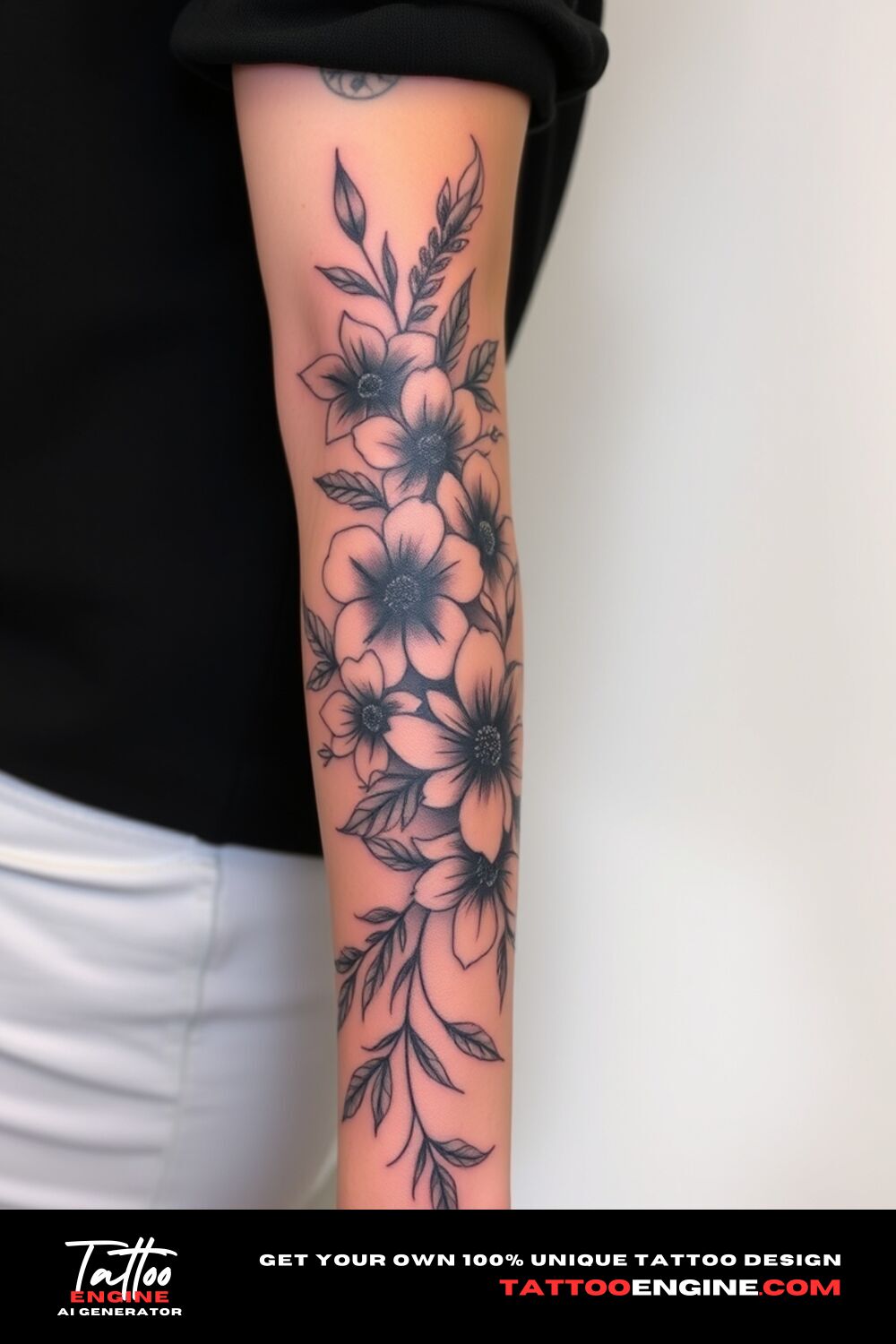 Floral lower half sleeve tattoo, on forearm of a woman, front view, covers from the elbow to the wrist, high quality, detailed