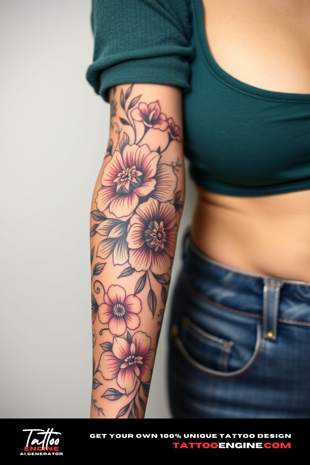 Floral lower half sleeve tattoo, on forearm of a woman, front view, covers from the elbow to the wrist, high quality, detailed