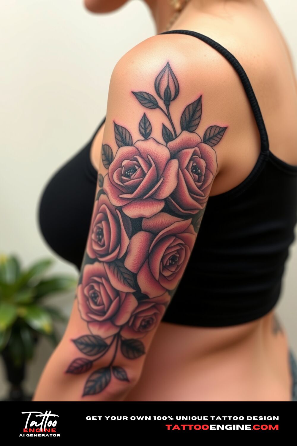 Floral roses tattoo, on lower half sleeve of a woman, side view, high quality, detailed