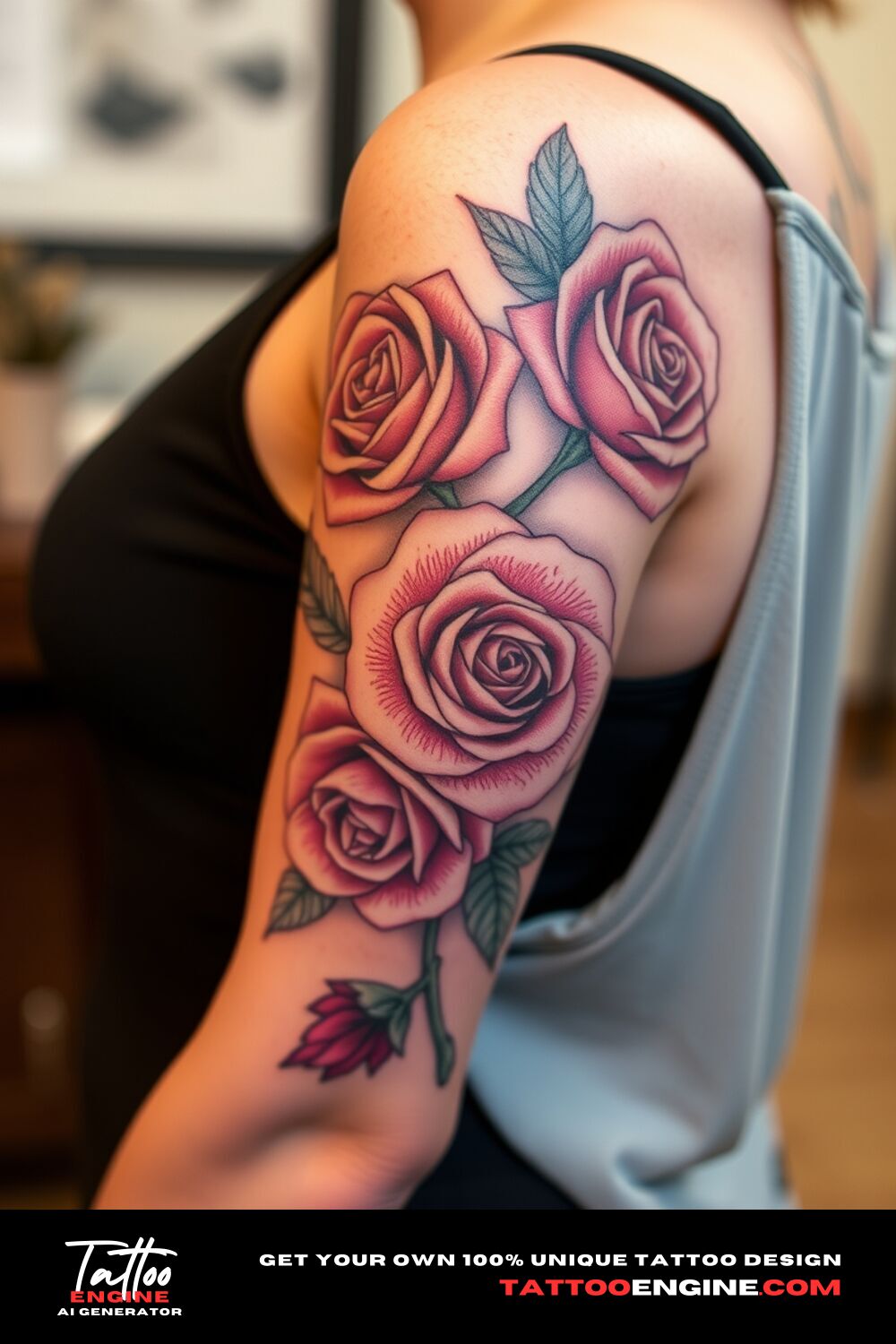 Floral roses tattoo, on lower half sleeve of a woman, side view, high quality, detailed