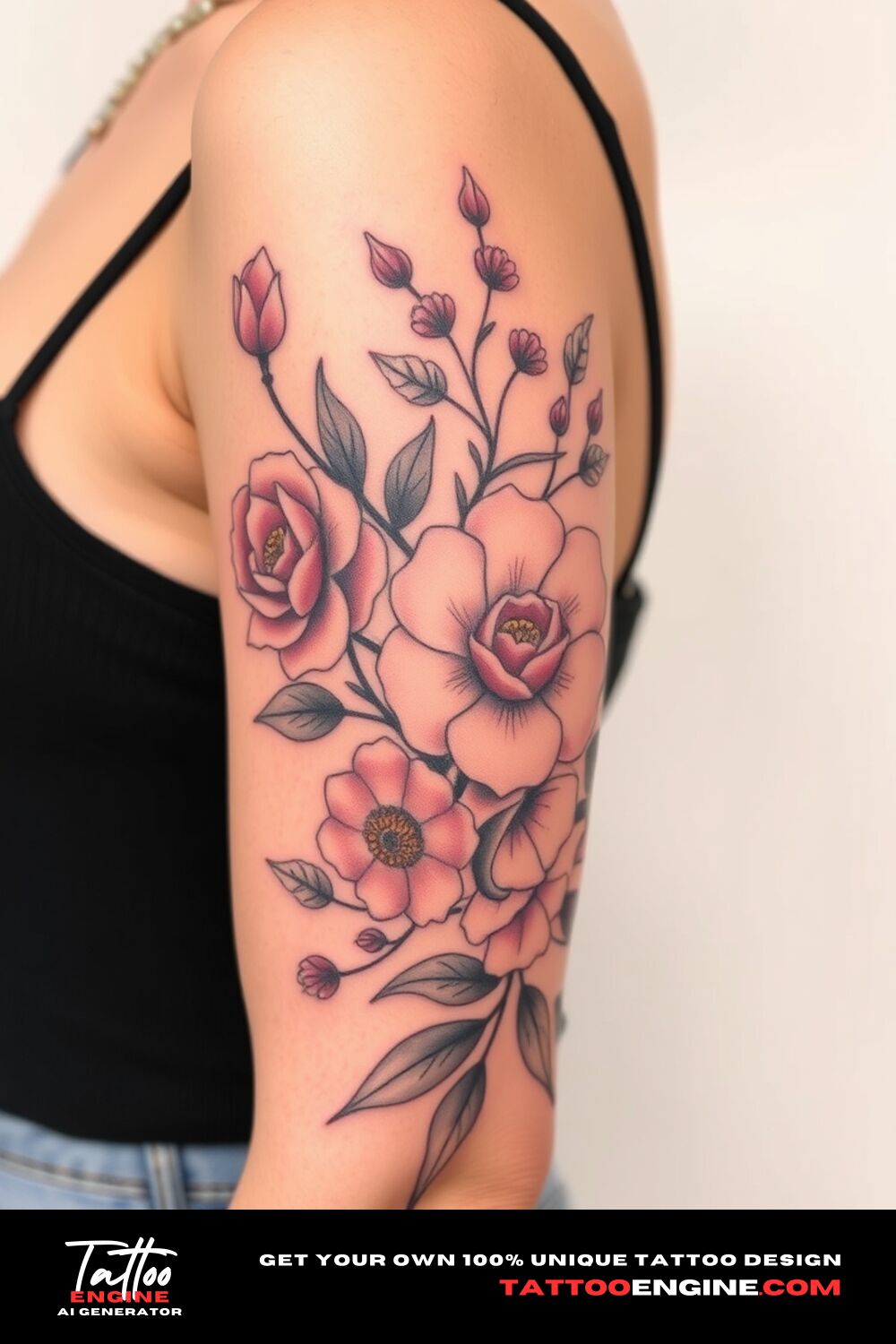 Floral tattoo, on lower half sleeve of a woman, side view, high quality, detailed