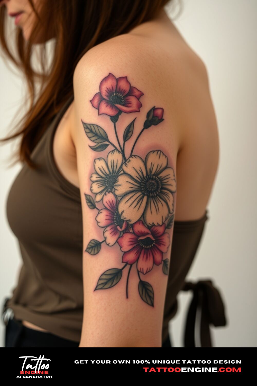 Floral tattoo, on lower half sleeve of a woman, side view, high quality, detailed