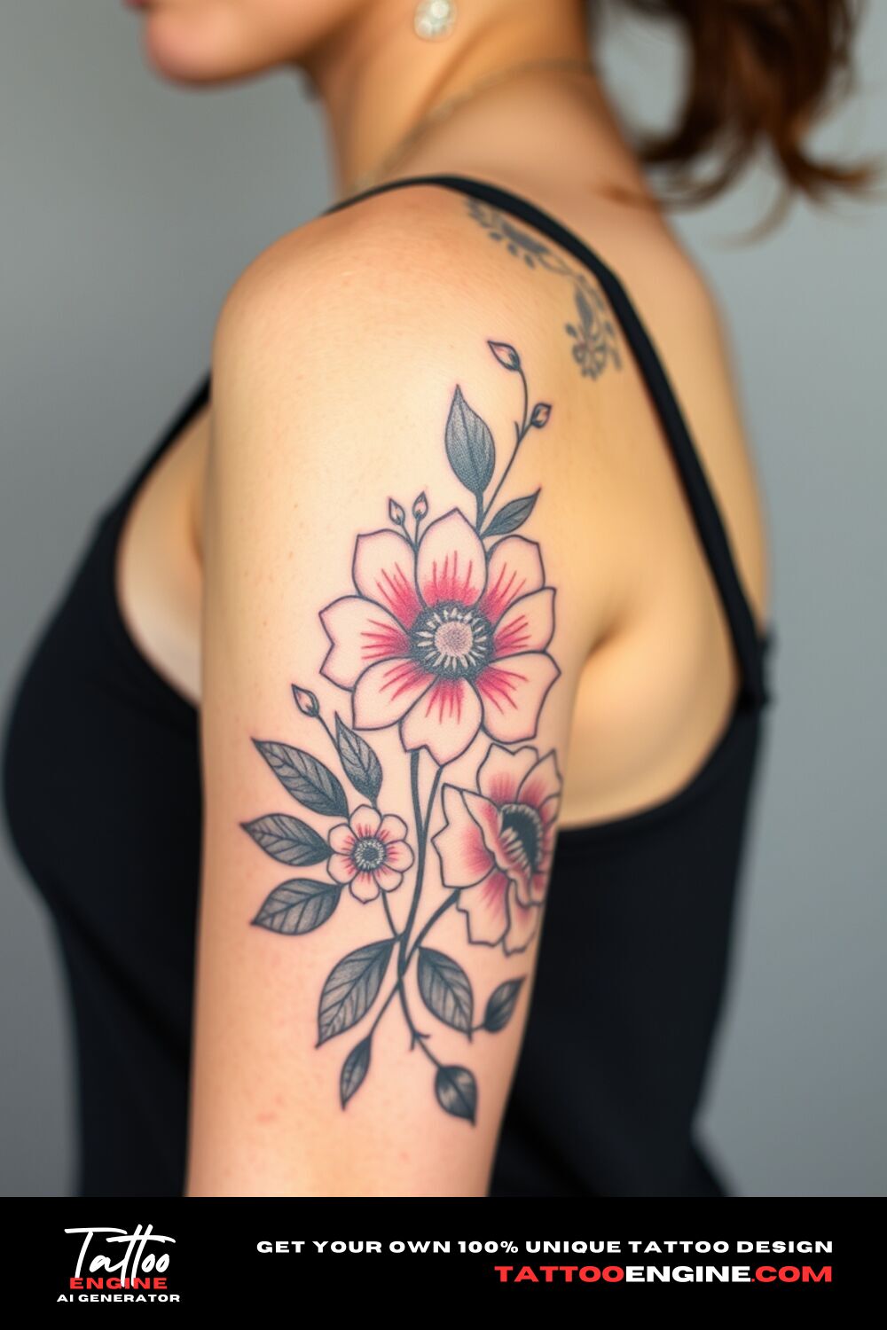 Floral tattoo, on lower half sleeve of a woman, side view, high quality, detailed