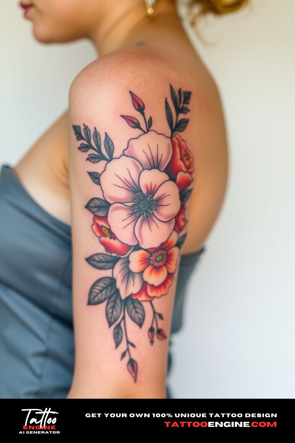 Floral tattoo, on lower half sleeve of a woman, side view, high quality, detailed