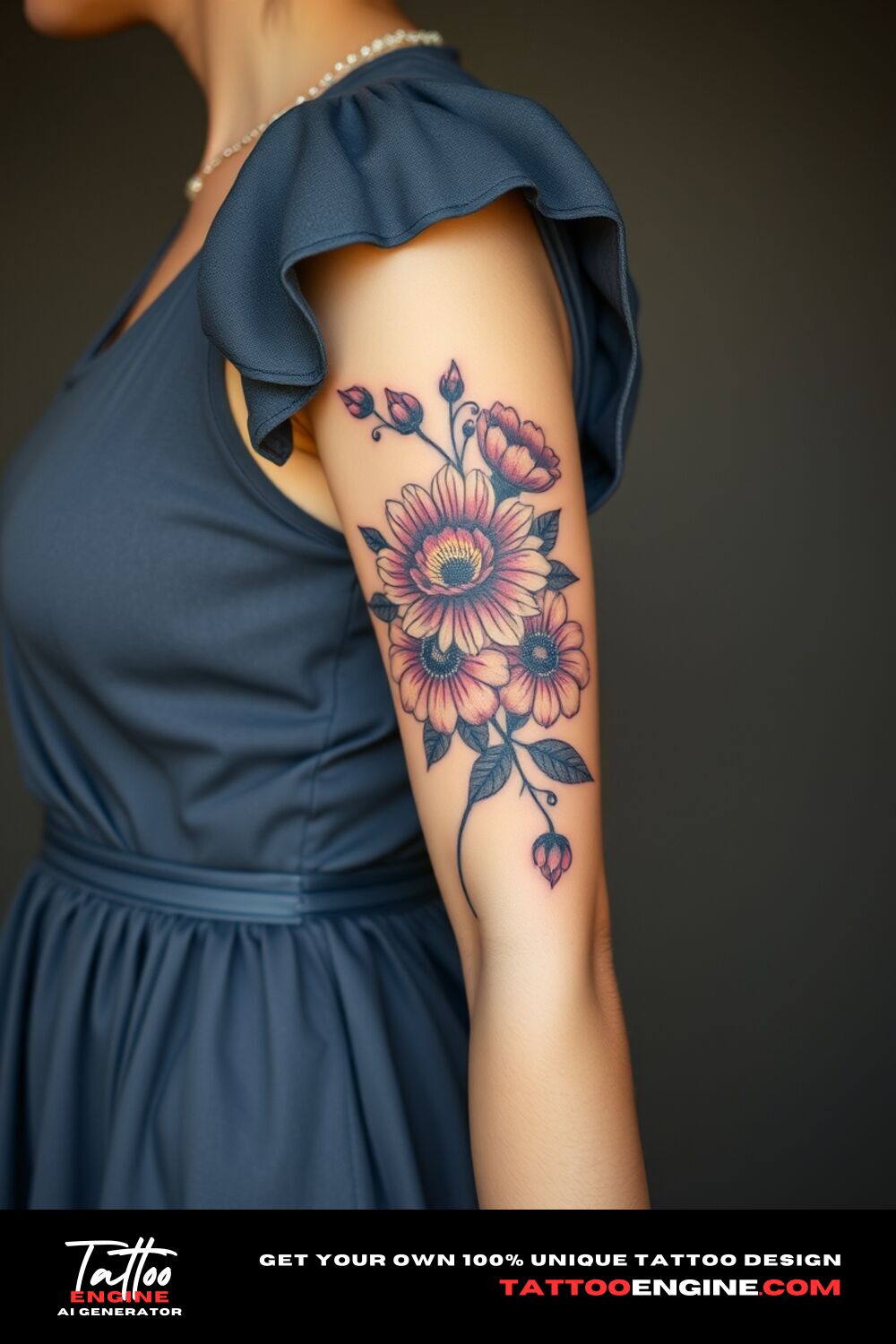 Floral tattoo, on lower half sleeve of a woman with a dress, side view, high quality, detailed