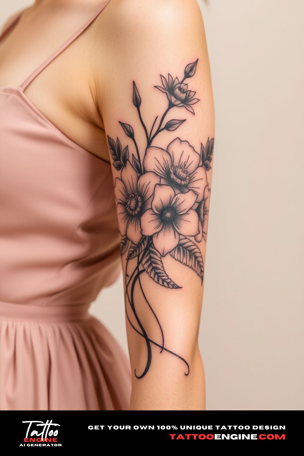 Floral tattoo, on lower half sleeve of a woman with a dress, side view, high quality, detailed