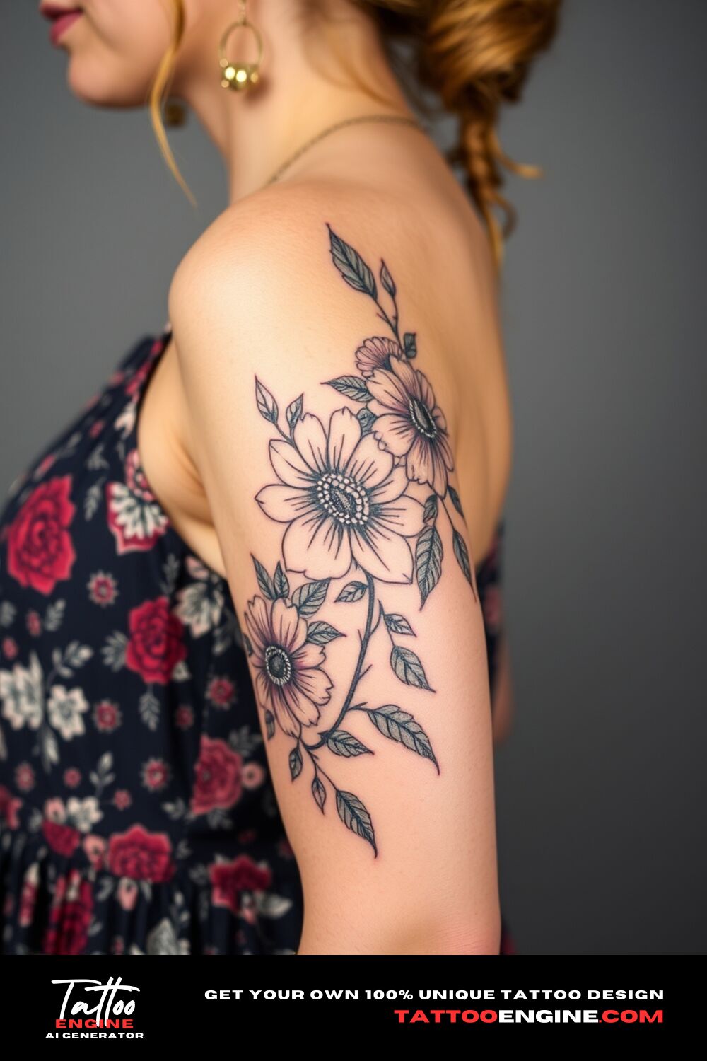 Floral tattoo, on upper half sleeve of a woman with a bohemian dress, side view, high quality, detailed