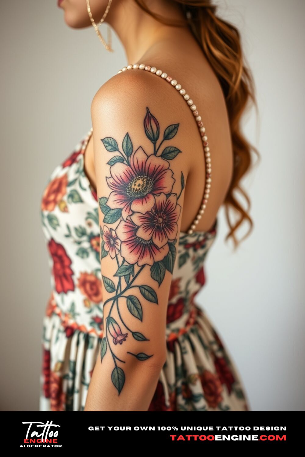 Floral tattoo, on upper half sleeve of a woman with a bohemian dress, side view, high quality, detailed