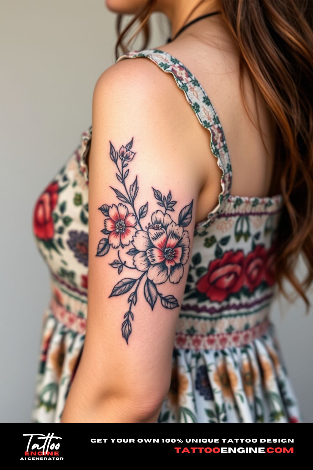 Floral tattoo, on upper half sleeve of a woman with a bohemian dress, side view, high quality, detailed