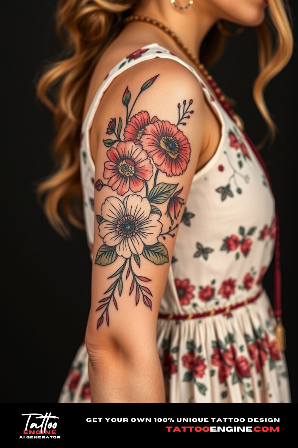 Floral tattoo, on upper half sleeve of a woman with a bohemian dress, side view, high quality, detailed